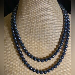 Charcoal Grey AB Glass Faux 8mm Pearl Necklace. 8.5” extends to 10”. Two shown.